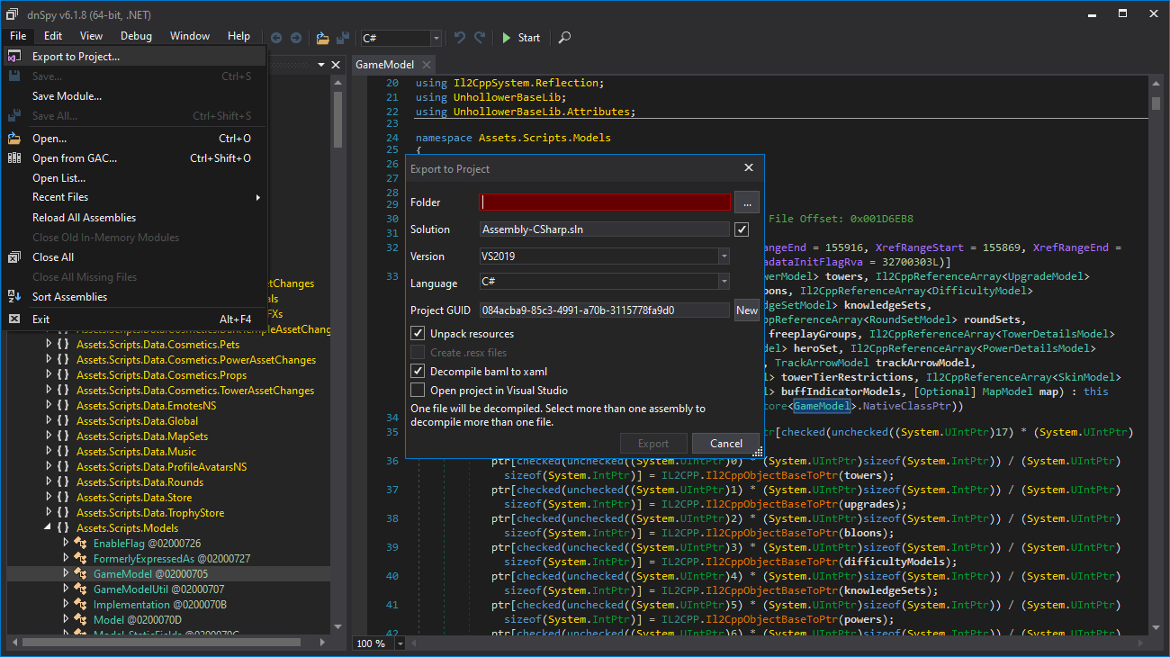 Screenshot of dnSpy Exporting to project