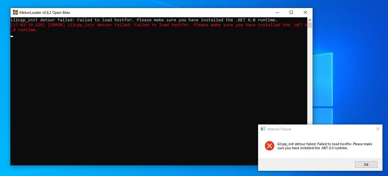 Screenshot of Internal Failure il2cpp_init_detour error