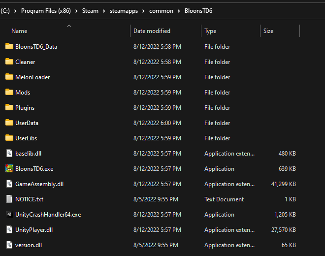 BloonsTD6 Folder Screenshot after running MelonLoader