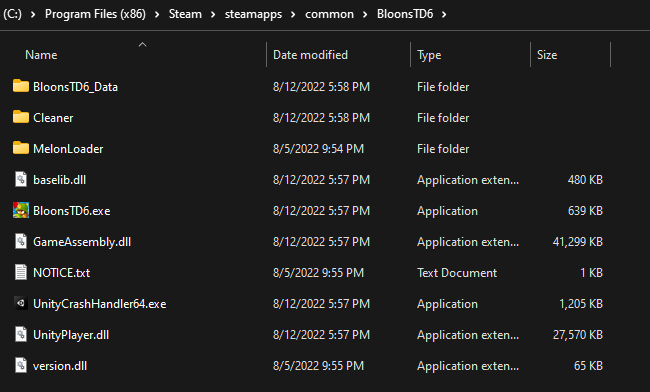 BloonsTD6 Folder Screenshot before running MelonLoader