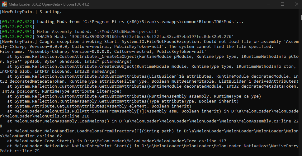 Screenshot of Internal Failure il2cpp_init_detour error