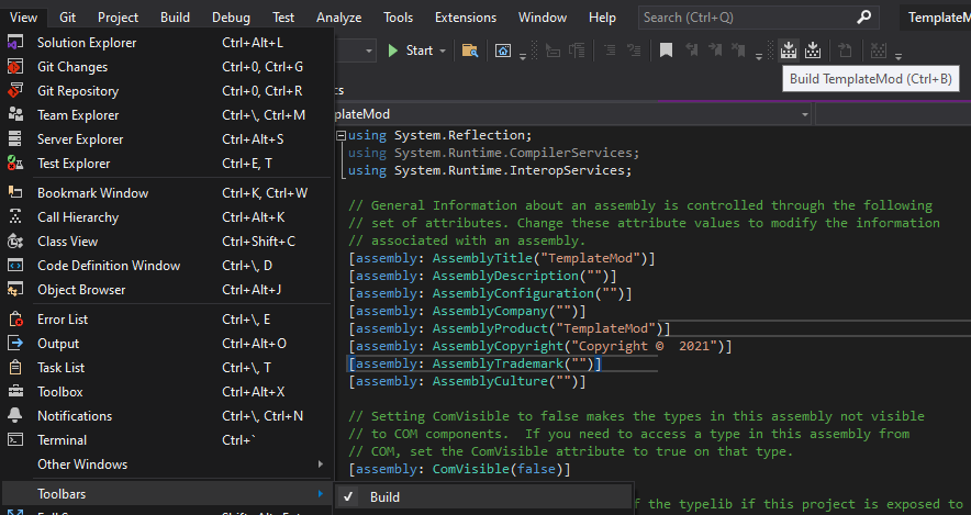 Screenshot of visual studio build toolbar