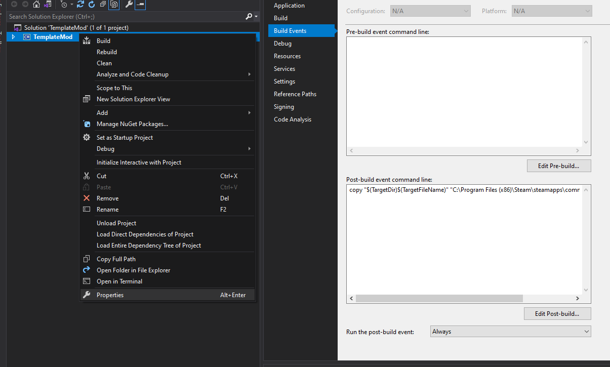 Screenshot of Visual Studio post build event